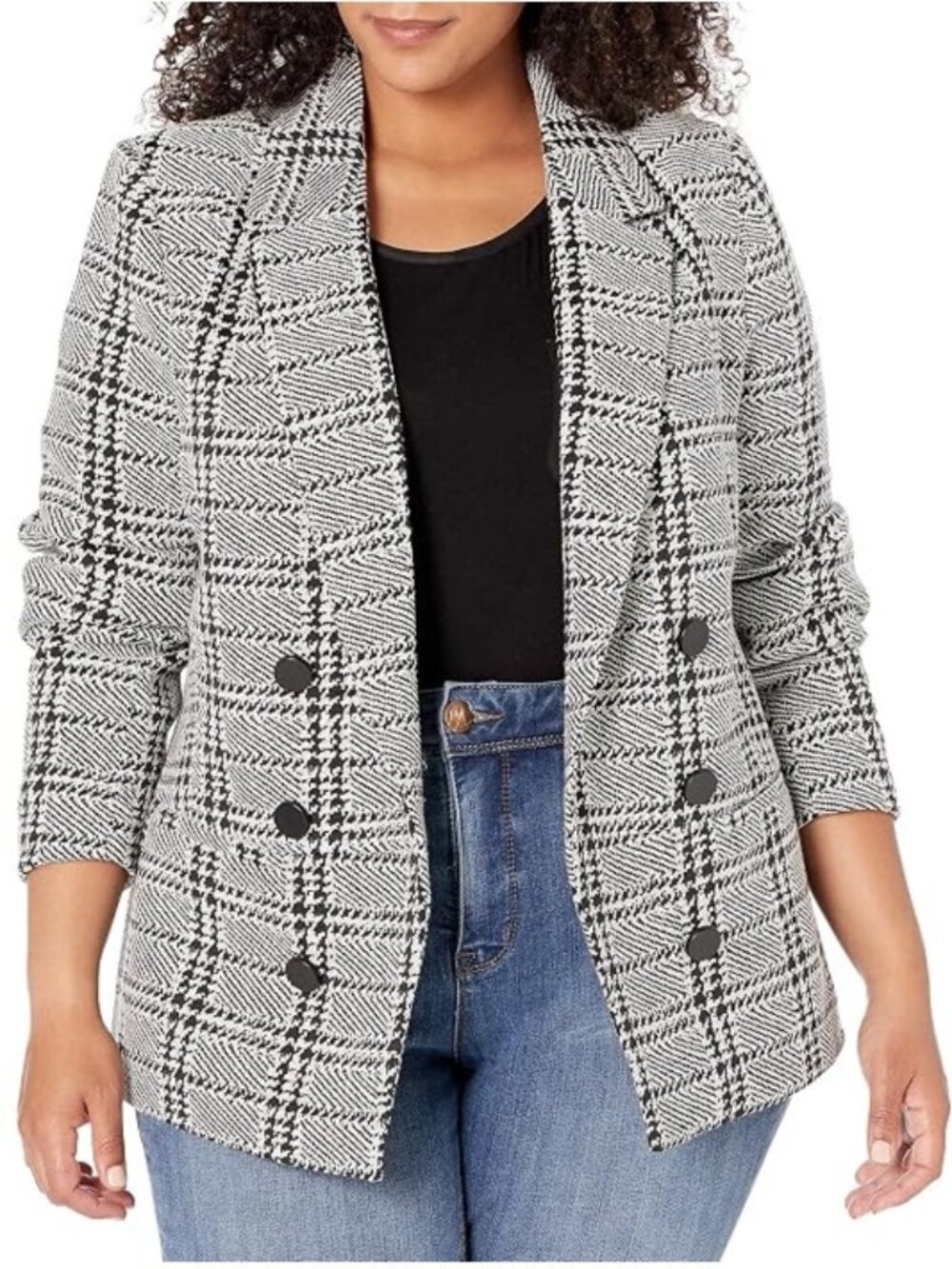 City Chic Plaid Double Breasted Blazer Jacket Black Ivory Size M/18